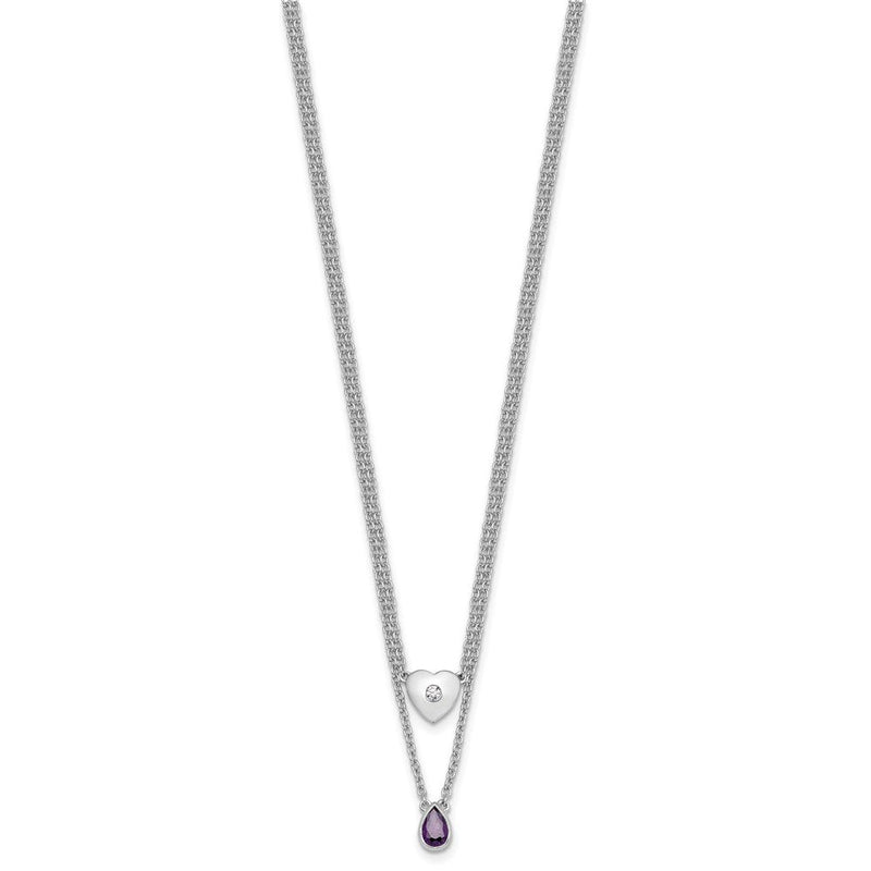 Sterlingsilber Rhodiniert Weiß Eis.05 Diamant und Amethyst 2-strand Herz Halskette