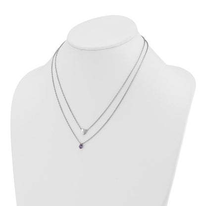 Sterlingsilber Rhodiniert Weiß Eis.05 Diamant und Amethyst 2-strand Herz Halskette