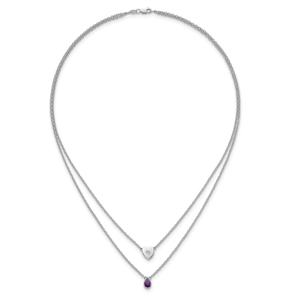 Sterlingsilber Rhodiniert Weiß Eis.05 Diamant und Amethyst 2-strand Herz Halskette
