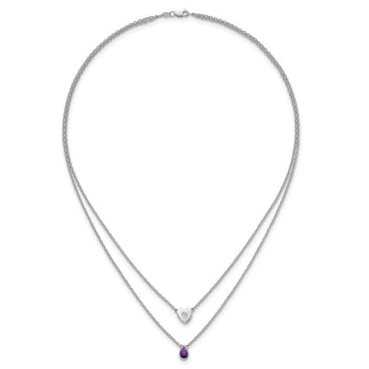 Sterlingsilber Rhodiniert Weiß Eis.05 Diamant und Amethyst 2-strand Herz Halskette