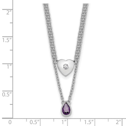 Sterlingsilber Rhodiniert Weiß Eis.05 Diamant und Amethyst 2-strand Herz Halskette