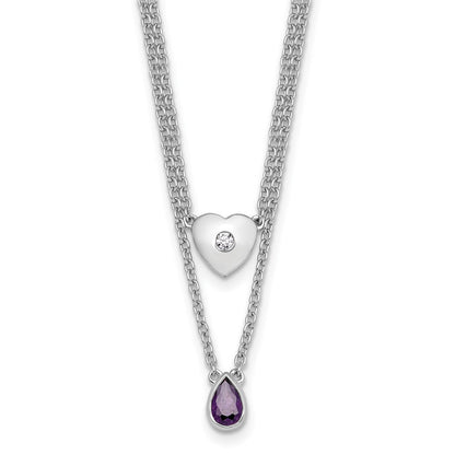 Sterlingsilber Rhodiniert Weiß Eis.05 Diamant und Amethyst 2-strand Herz Halskette