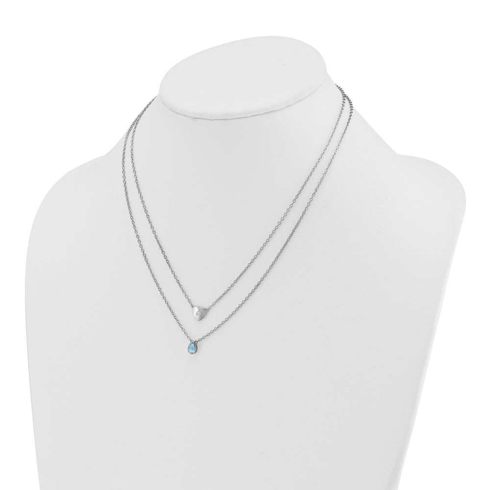 Sterlingsilber Rhodiniert Weiß Eis.05 Diamant und Blautopas 2-strand Herz Halskette
