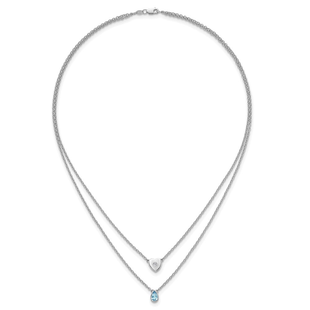 Sterlingsilber Rhodiniert Weiß Eis.05 Diamant und Blautopas 2-strand Herz Halskette