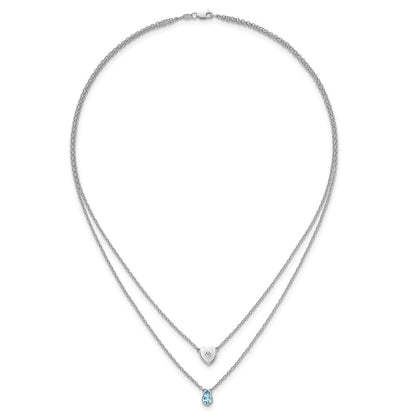 Sterlingsilber Rhodiniert Weiß Eis.05 Diamant und Blautopas 2-strand Herz Halskette