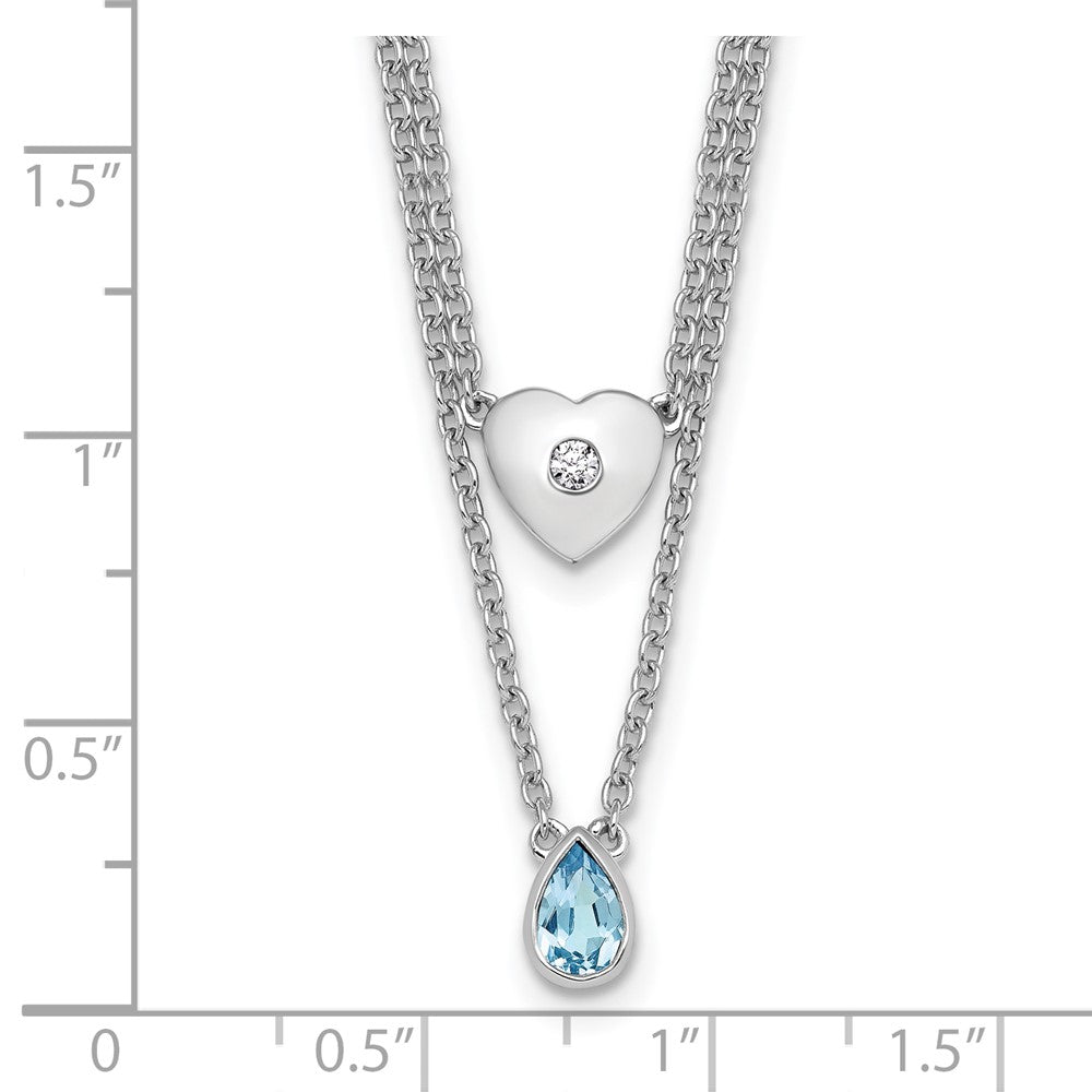 Sterlingsilber Rhodiniert Weiß Eis.05 Diamant und Blautopas 2-strand Herz Halskette