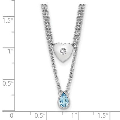Sterlingsilber Rhodiniert Weiß Eis.05 Diamant und Blautopas 2-strand Herz Halskette