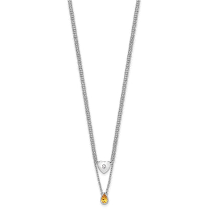 Sterlingsilber Rhodiniert Weiß Eis.05 Diamant und Citrin 2-strand Herz Halskette
