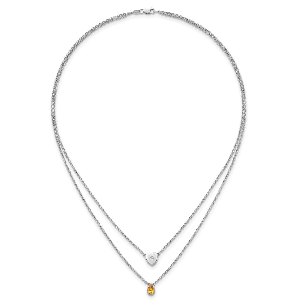 Sterlingsilber Rhodiniert Weiß Eis.05 Diamant und Citrin 2-strand Herz Halskette