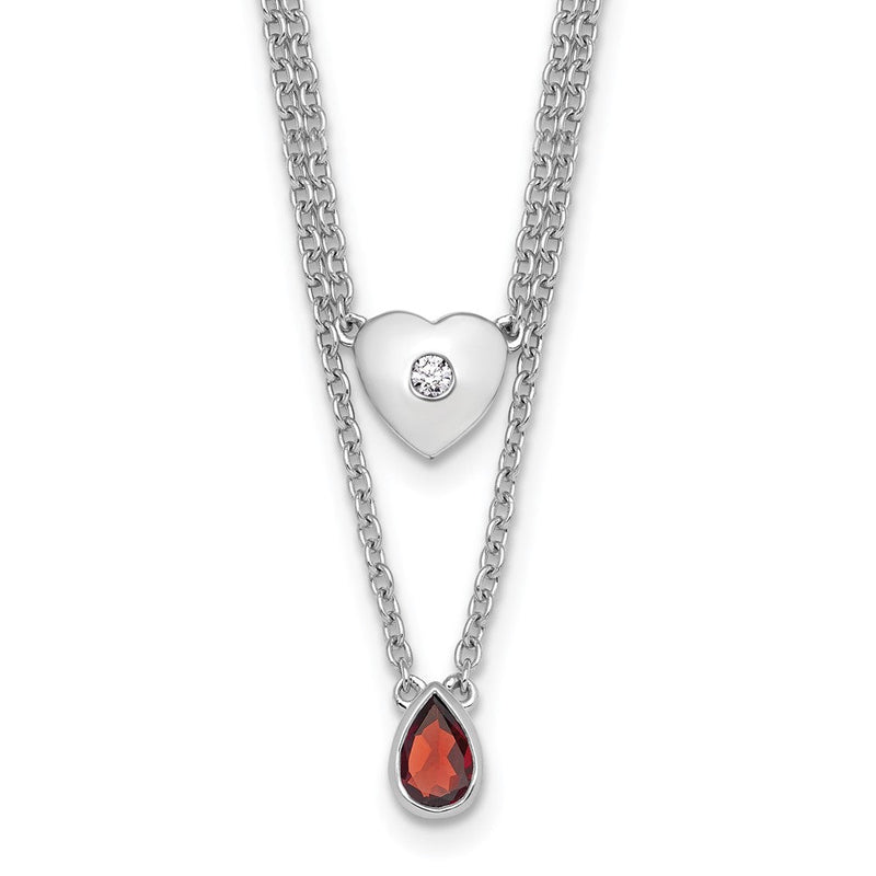 Sterlingsilber Rhodiniert Weiß Eis.05 Diamant und Granat 2-strand Herz Halskette