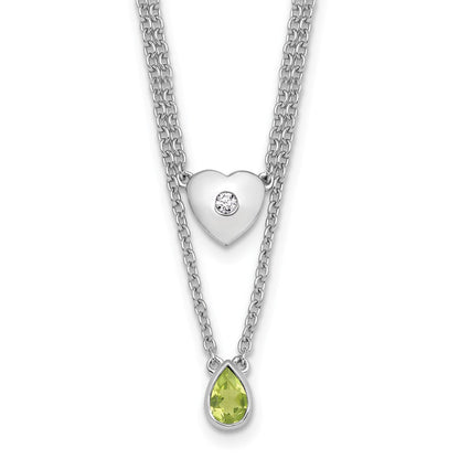 Sterlingsilber Rhodiniert Weiß Eis.05 Diamant und Peridot 2-strand Herz Halskette