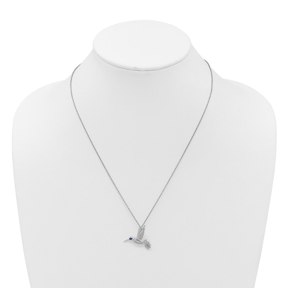 Sterlingsilber Rhodiniert Plt Weiß Eis.01 Diamant und Saphir Hummingbird mit 2 Zoll Verlängerung Halskette