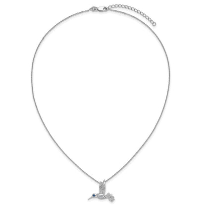 Sterlingsilber Rhodiniert Plt Weiß Eis.01 Diamant und Saphir Hummingbird mit 2 Zoll Verlängerung Halskette