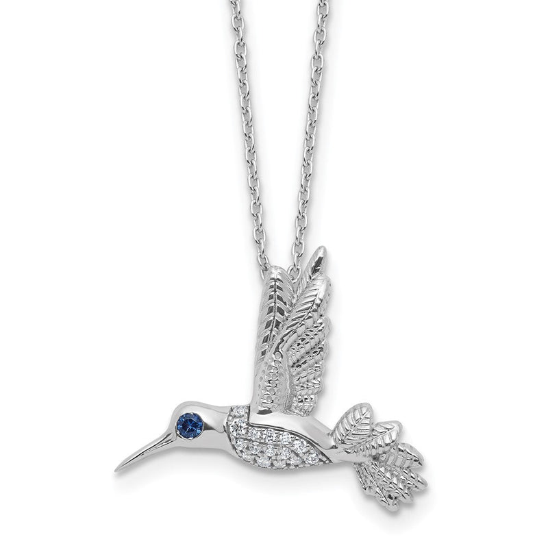 Sterlingsilber Rhodiniert Plt Weiß Eis.01 Diamant und Saphir Hummingbird mit 2 Zoll Verlängerung Halskette