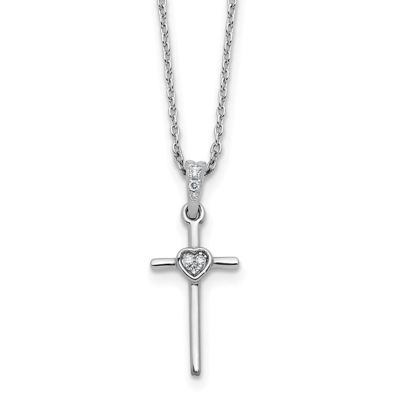 Sterlingsilber Rhodiniert Weiß Eis.05 Diamant Kreuz Herz mit 2 Zoll Verlängerung. Halskette