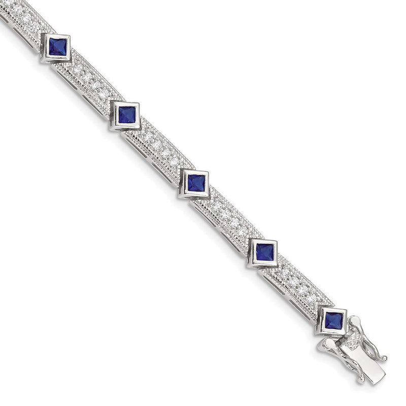 Sterlingsilber Rhodiniert Blau Glas und Zirkonia 7.25 Zoll Armband