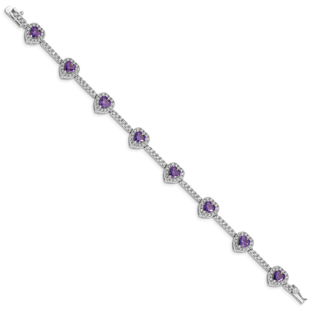 7 Zoll Sterlingsilber Rhodiniert Amethyst und Klar Zirkonia Herz Armband