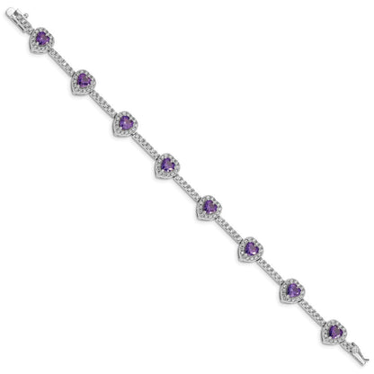 7 Zoll Sterlingsilber Rhodiniert Amethyst und Klar Zirkonia Herz Armband