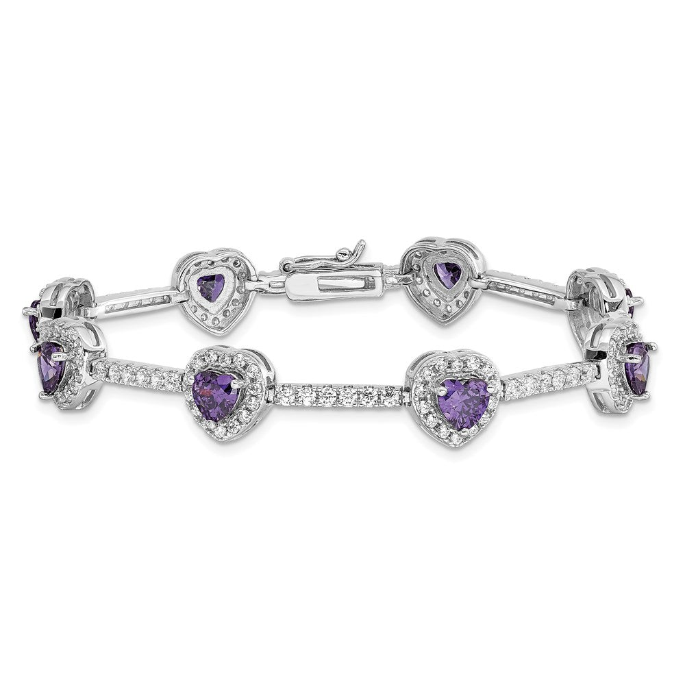7 Zoll Sterlingsilber Rhodiniert Amethyst und Klar Zirkonia Herz Armband
