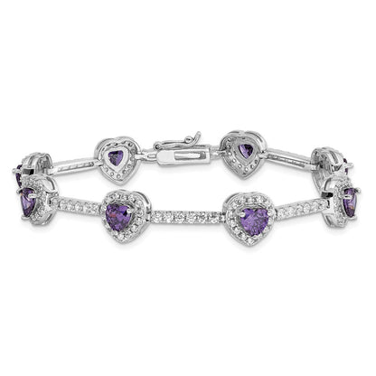 7 Zoll Sterlingsilber Rhodiniert Amethyst und Klar Zirkonia Herz Armband
