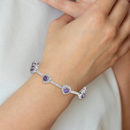 7 Zoll Sterlingsilber Rhodiniert Amethyst und Klar Zirkonia Herz Armband