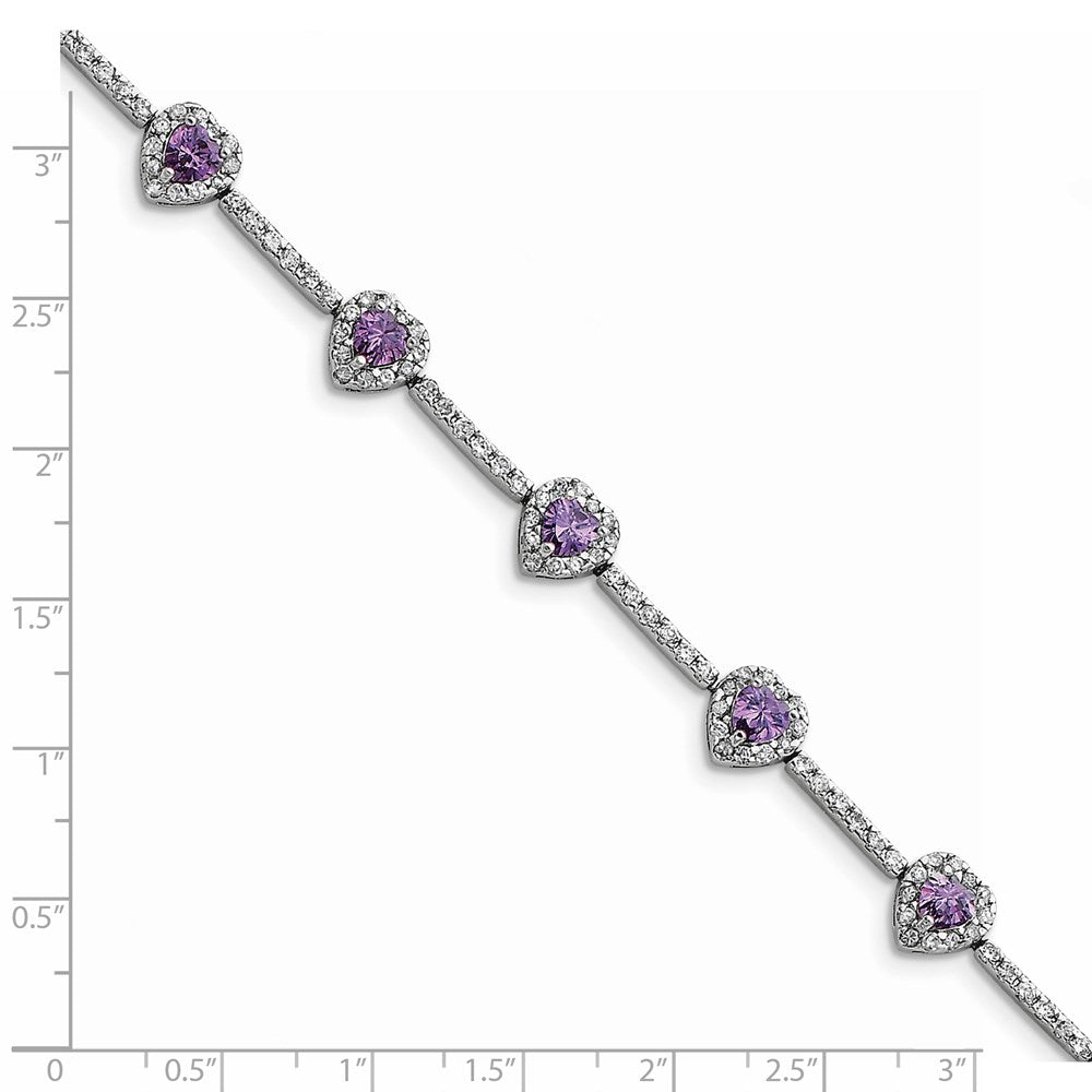 7 Zoll Sterlingsilber Rhodiniert Amethyst und Klar Zirkonia Herz Armband
