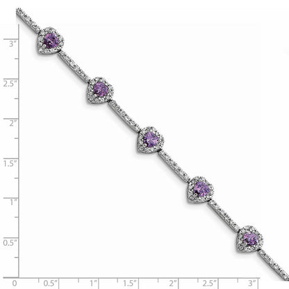 7 Zoll Sterlingsilber Rhodiniert Amethyst und Klar Zirkonia Herz Armband
