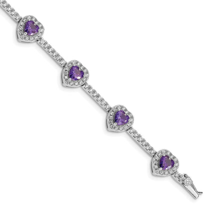 7 Zoll Sterlingsilber Rhodiniert Amethyst und Klar Zirkonia Herz Armband