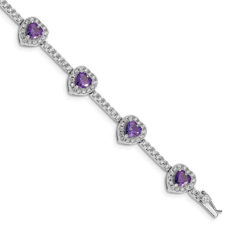 7 Zoll Sterlingsilber Rhodiniert Amethyst und Klar Zirkonia Herz Armband