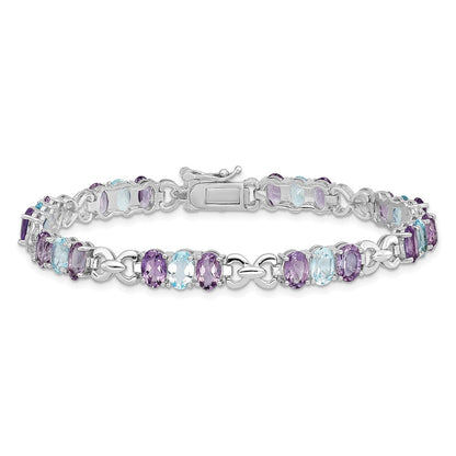 7.25 Zoll Sterlingsilber Rhodiniert Amethyst und Blautopas Armband