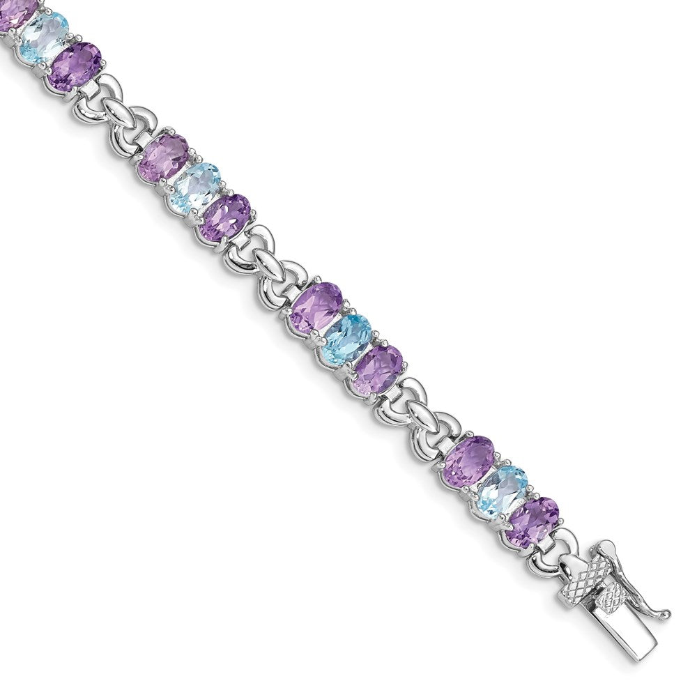 7.25 Zoll Sterlingsilber Rhodiniert Amethyst und Blautopas Armband