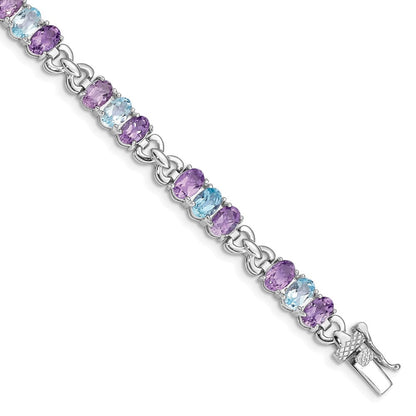 7.25 Zoll Sterlingsilber Rhodiniert Amethyst und Blautopas Armband