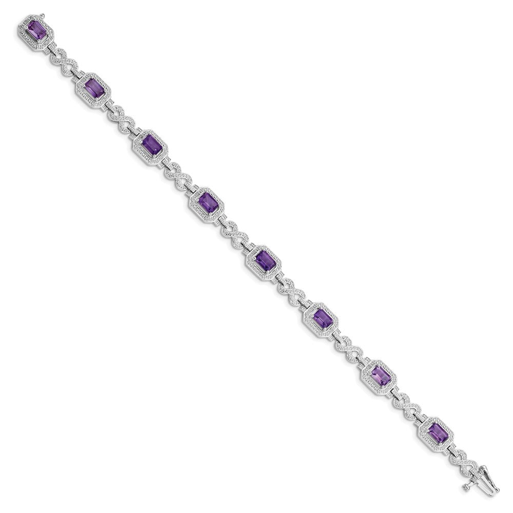 7 Zoll Sterlingsilber Rhodiniert Diamant & Amethyst Armband