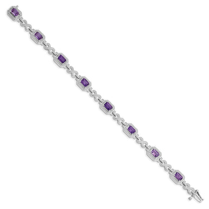 7 Zoll Sterlingsilber Rhodiniert Diamant & Amethyst Armband