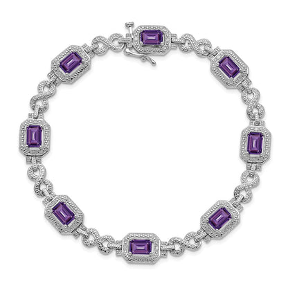 7 Zoll Sterlingsilber Rhodiniert Diamant & Amethyst Armband
