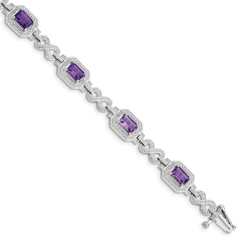 7 Zoll Sterlingsilber Rhodiniert Diamant & Amethyst Armband