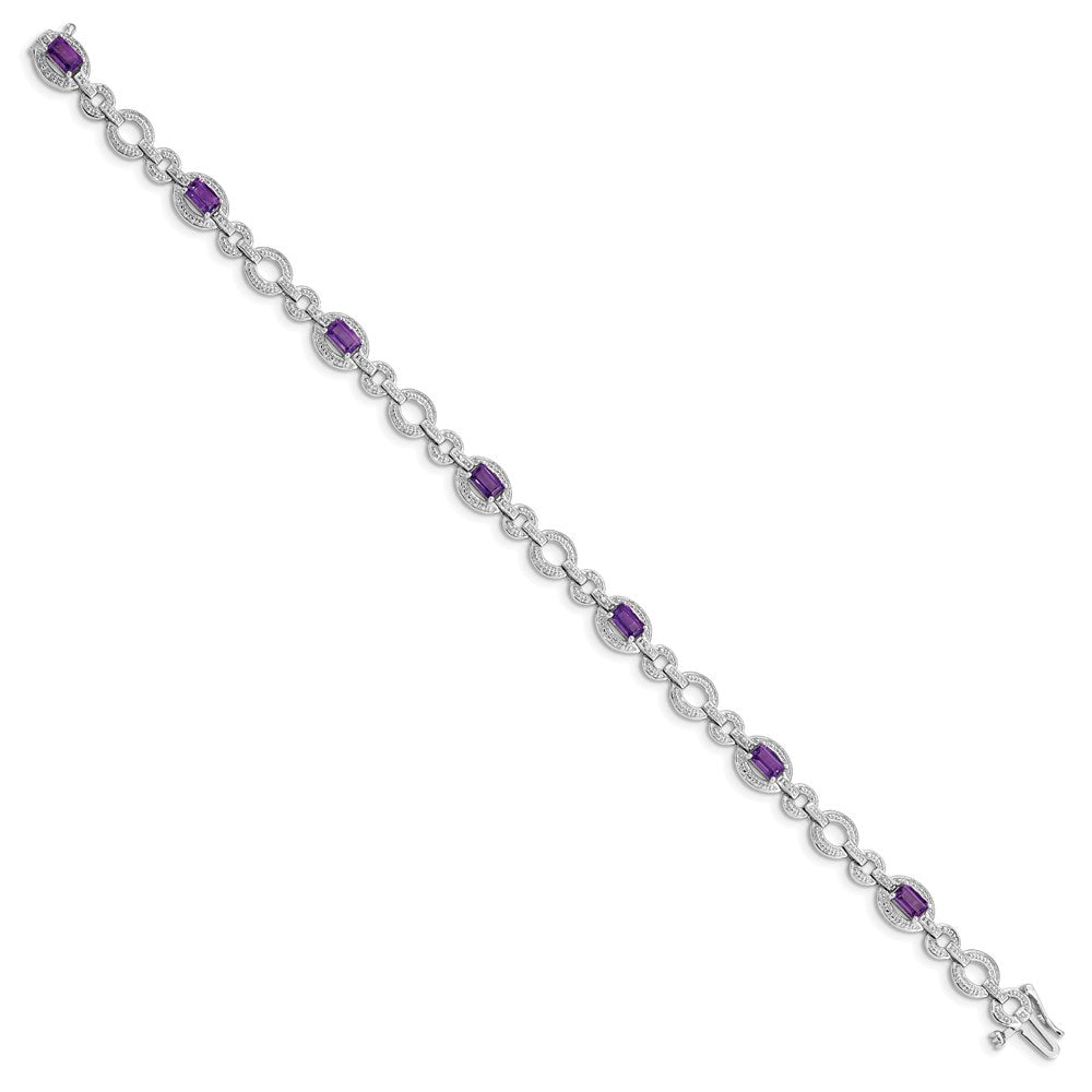 7 Zoll Sterlingsilber Rhodiniert Diamant & Amethyst Oval Glieder Armband