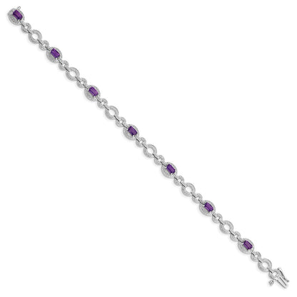 7 Zoll Sterlingsilber Rhodiniert Diamant & Amethyst Oval Glieder Armband