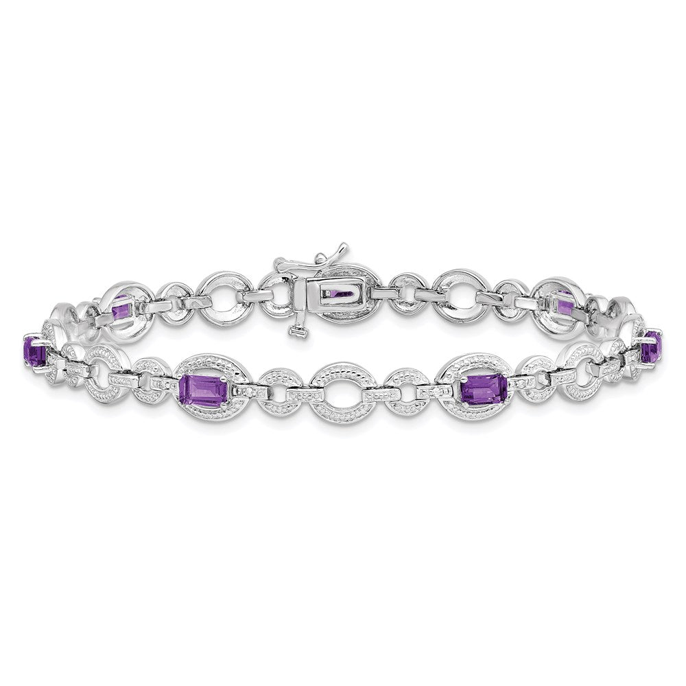 7 Zoll Sterlingsilber Rhodiniert Diamant & Amethyst Oval Glieder Armband