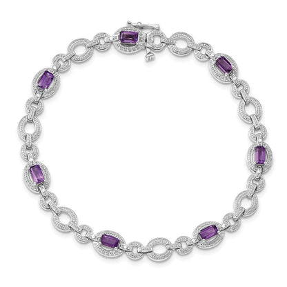7 Zoll Sterlingsilber Rhodiniert Diamant & Amethyst Oval Glieder Armband