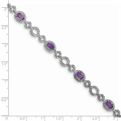 7 Zoll Sterlingsilber Rhodiniert Diamant & Amethyst Oval Glieder Armband