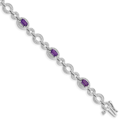 7 Zoll Sterlingsilber Rhodiniert Diamant & Amethyst Oval Glieder Armband