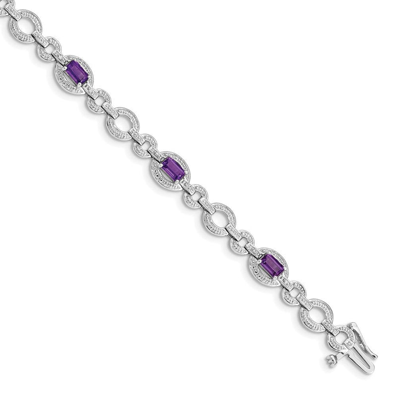 7 Zoll Sterlingsilber Rhodiniert Diamant & Amethyst Oval Glieder Armband