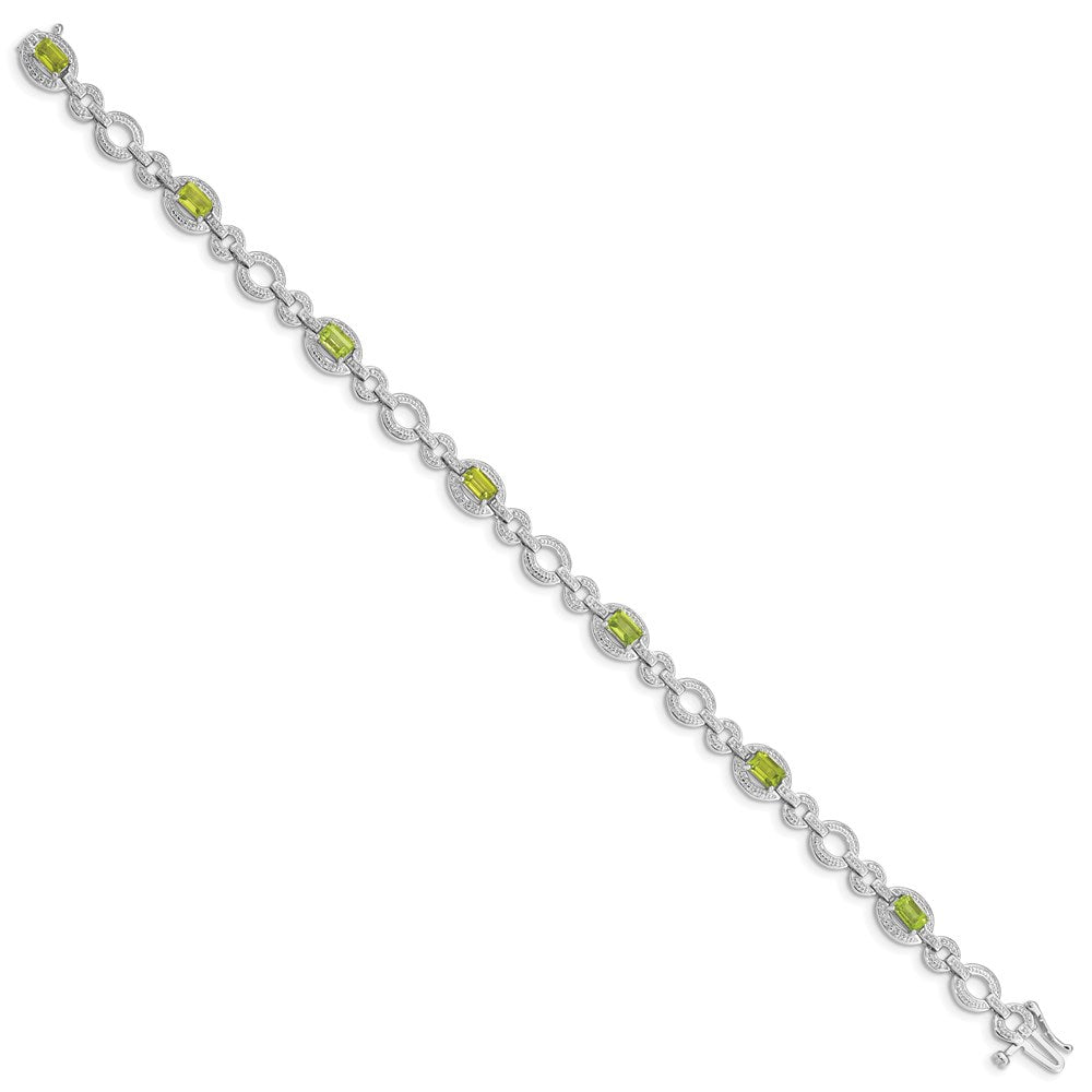 7 Zoll Sterlingsilber Rhodiniert Diamant & Peridot Oval Glieder Armband