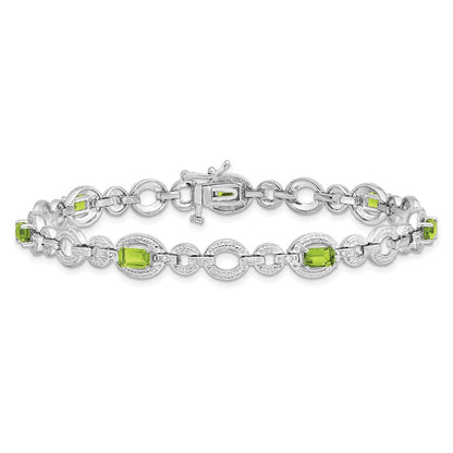 7 Zoll Sterlingsilber Rhodiniert Diamant & Peridot Oval Glieder Armband