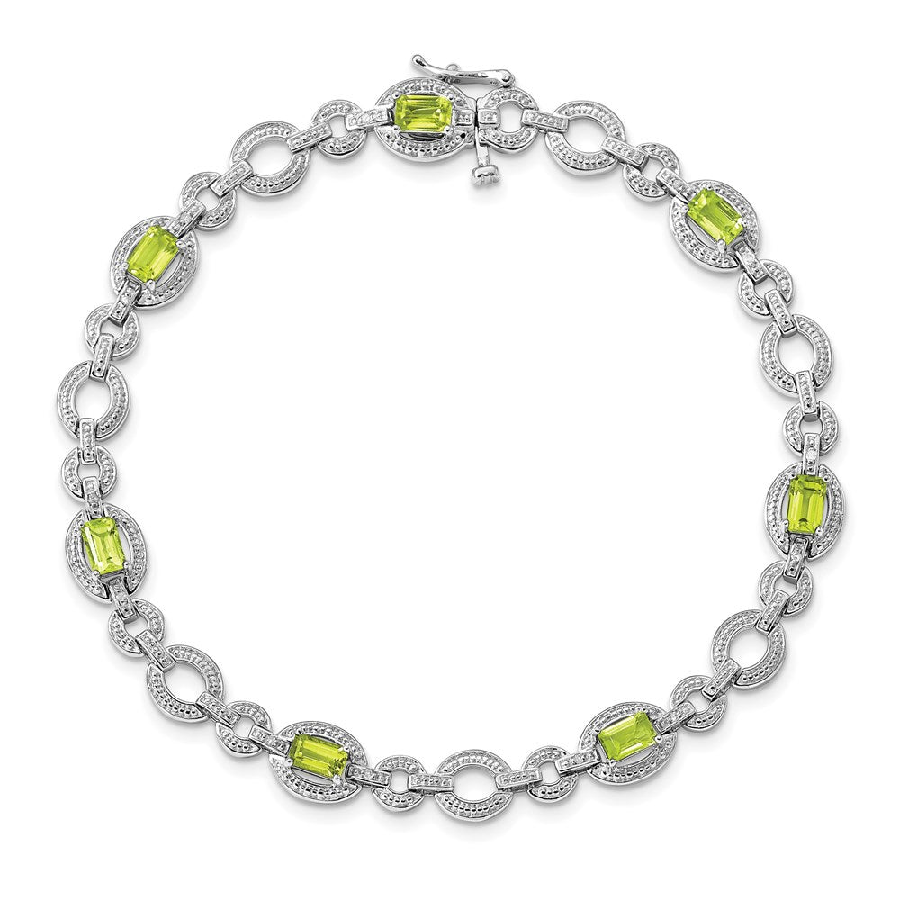7 Zoll Sterlingsilber Rhodiniert Diamant & Peridot Oval Glieder Armband