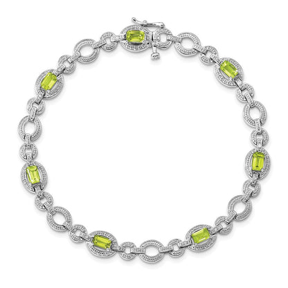 7 Zoll Sterlingsilber Rhodiniert Diamant & Peridot Oval Glieder Armband