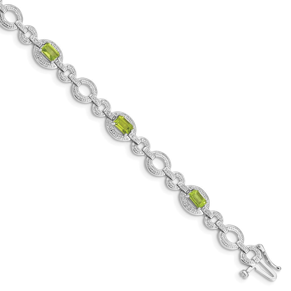 7 Zoll Sterlingsilber Rhodiniert Diamant & Peridot Oval Glieder Armband