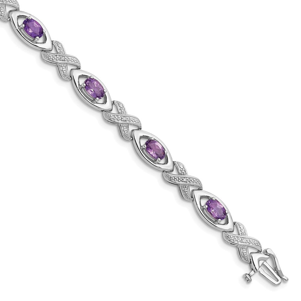 7.5 Zoll Sterlingsilber Rhodiniert Diamant & Amethyst Armband