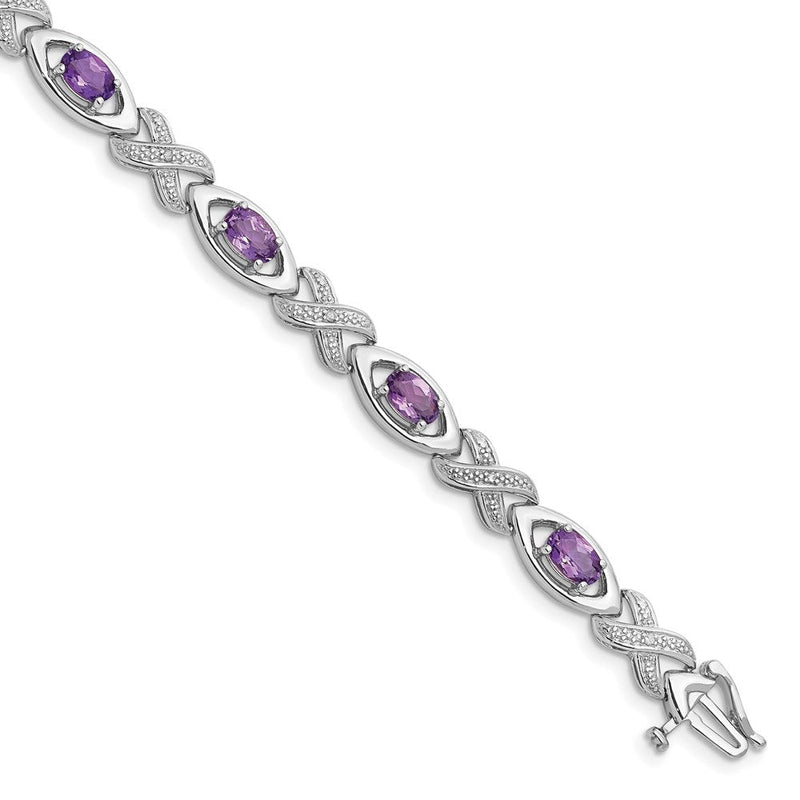 7.5 Zoll Sterlingsilber Rhodiniert Diamant & Amethyst Armband